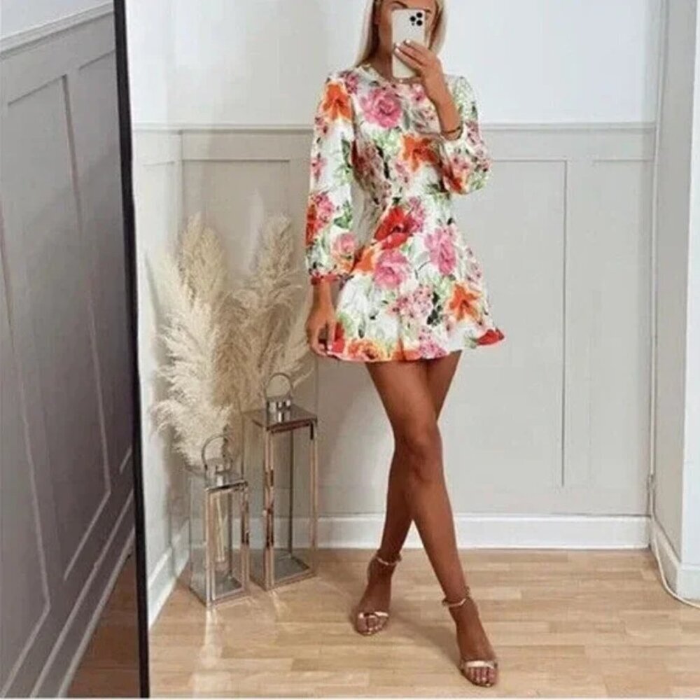 Zara Floral Linen Long Sleeve Mini Dress White Pink Orange Size Medium